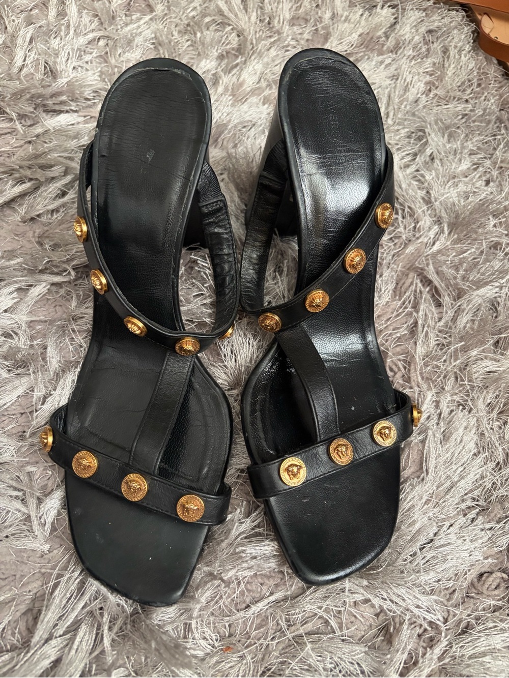 Versace Black Leather Gold-Medallion Heeled Sandals